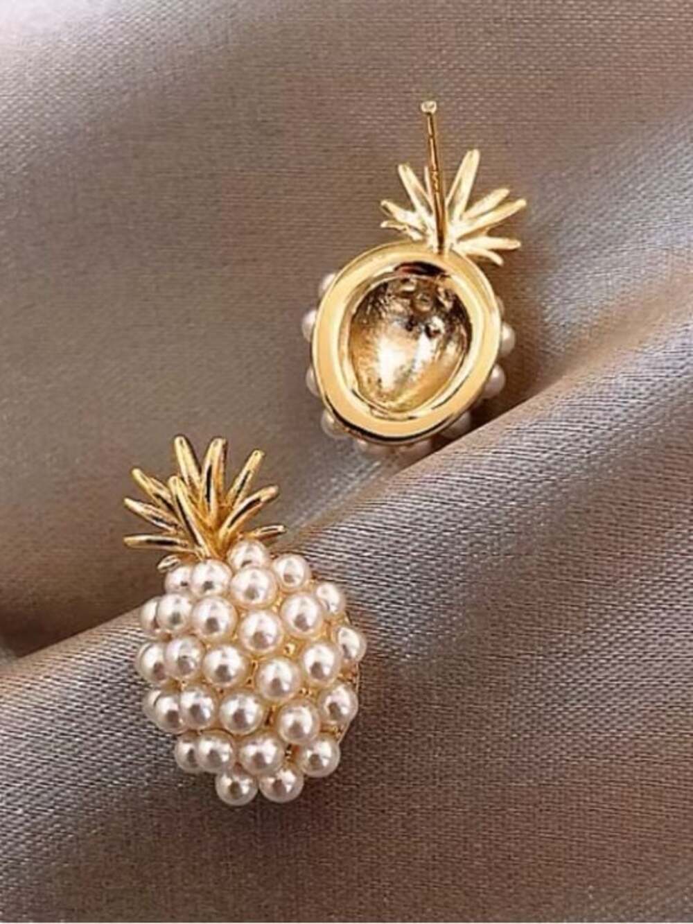 Gold & Pearl Pineapple Stud Earrings - Women Jewelry - Picture 2 of 4